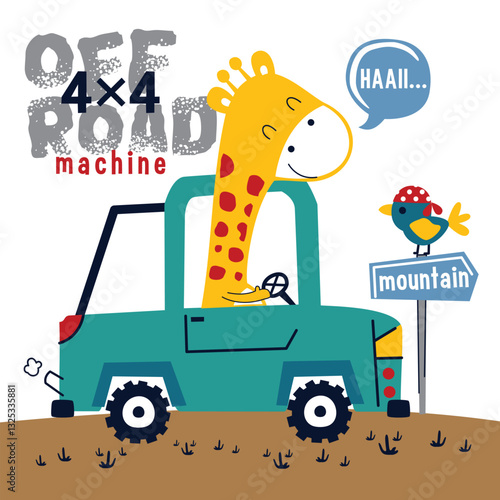 Cartoon giraffe driving a 4x4 off-road vehicle on a mountain trail with bird on signpost. Children's adventure illustration concept
