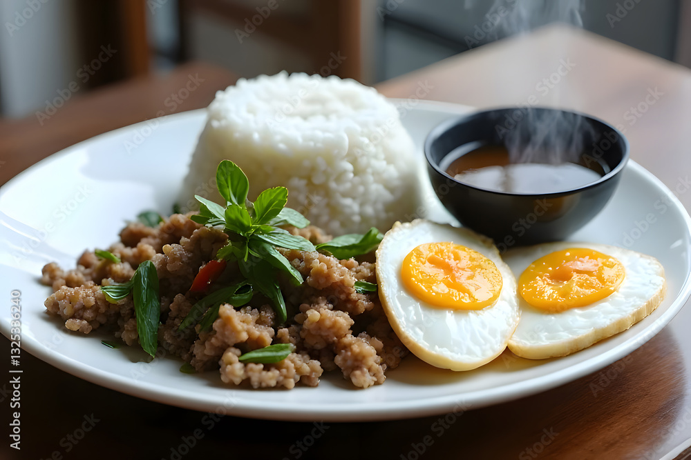 Stir-fried minced pork with holy basil, served with a fried egg with white edges and white rice on a white plate on a brown wooden table. Stir-fried minced pork with holy basil, served with a fried egg with white edges and white rice on a white plate on a brown wooden table.