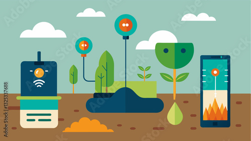 Through the use of sensors and IoT devices realtime data on soil moisture and nutrient levels is collected and integrated into the digital platform.. Vector illustration