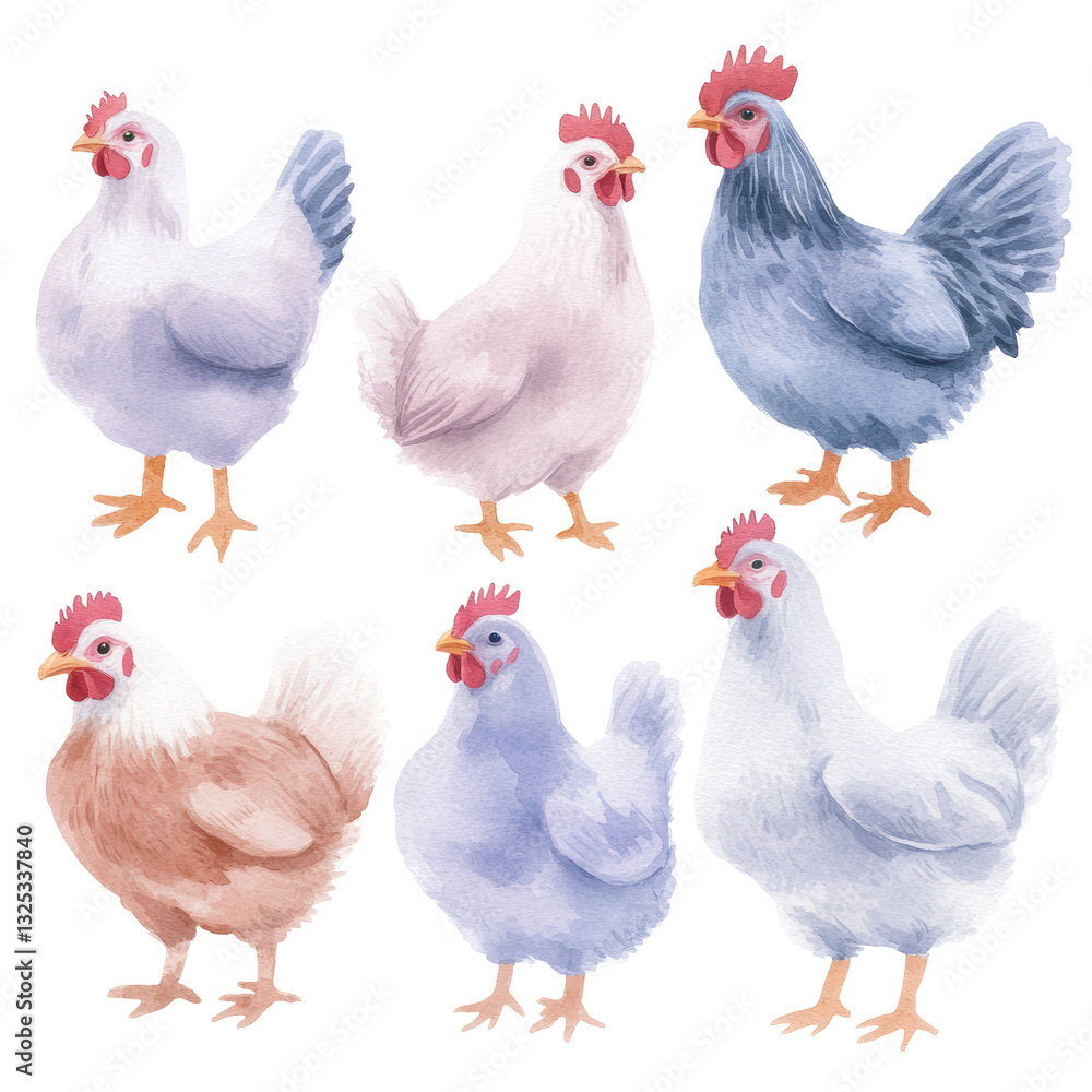 Fototapeta premium Diverse chicken breeds in gentle watercolor standing proudly side by side