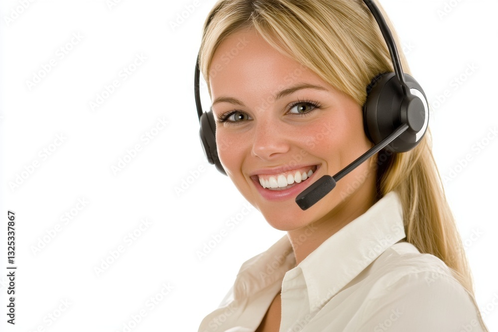 Smiling Customer Service Representative with Headset on White Background Smiling Customer Service Representative with Headset on White Background
