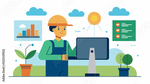 Water Budgeting An image of a farmer using a computer program to track and manage their farms water usage setting budgets and monitoring progress.. Vector illustration