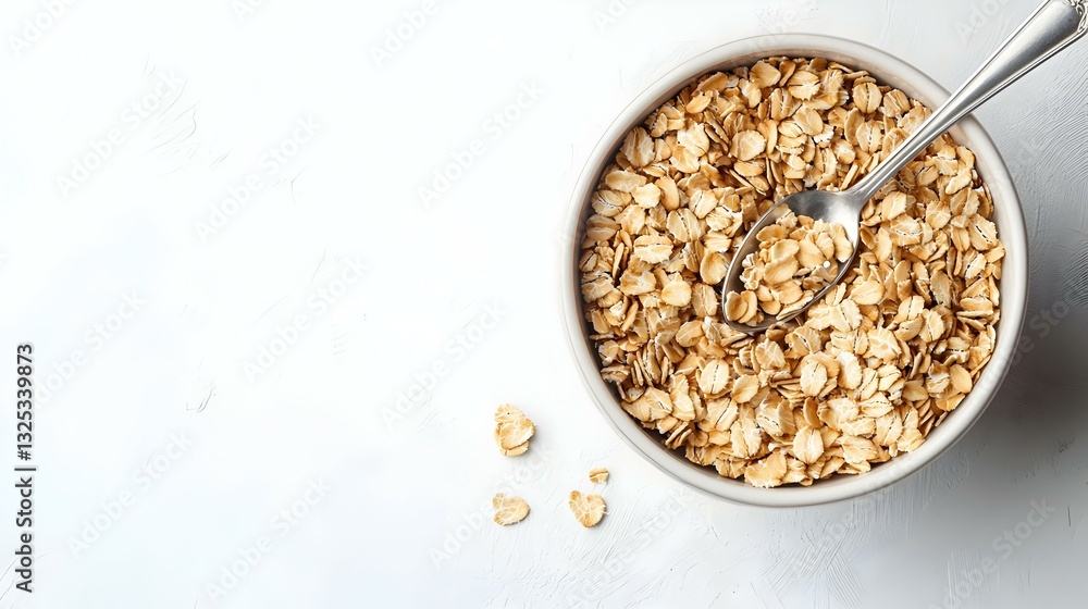 Bowl of whole grain oat cereal with a silver Bowl of whole grain oat cereal with a silver