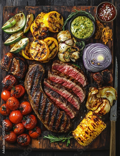 Premium Grilled Meats and Sirloin Steak on Barbecue - Flavorful Mixed Grill Image