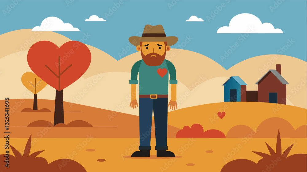 With a heavy heart the farmer stands in a field barren of life his once thriving farm now a symbol of his misfortunes.. Vector illustration With a heavy heart the farmer stands in a field barren of life his once thriving farm now a symbol of his misfortunes.. Vector illustration