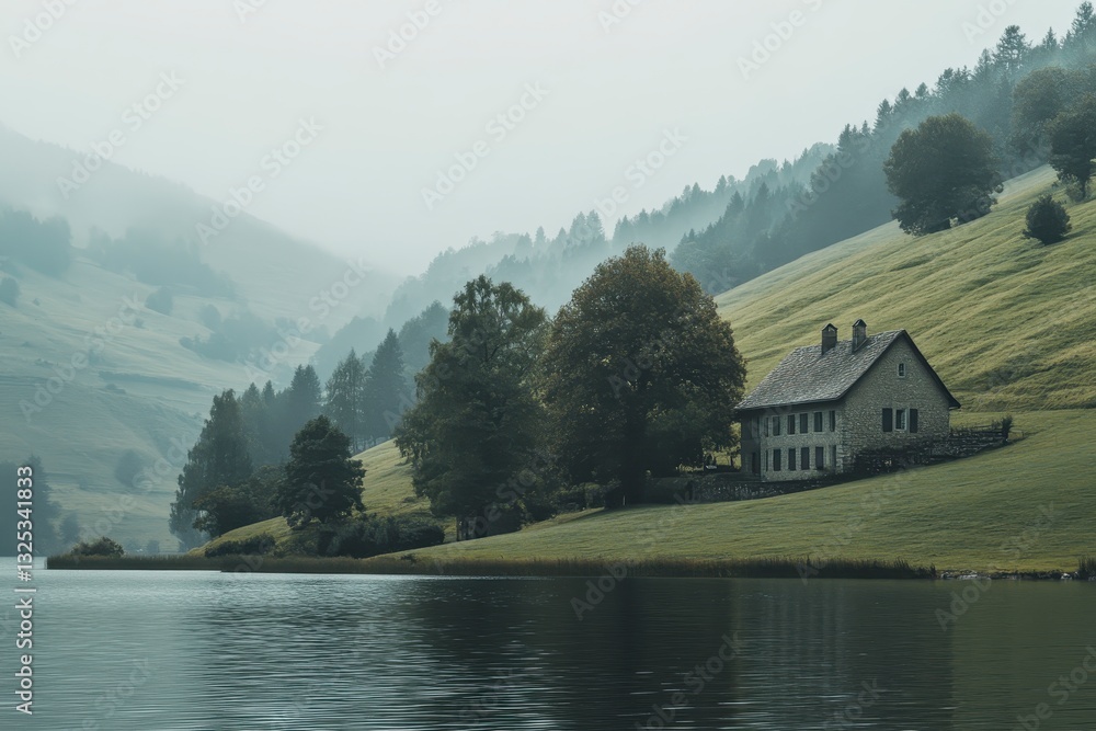Fototapeta premium Misty Mountain Lake House Serene Landscape Photography