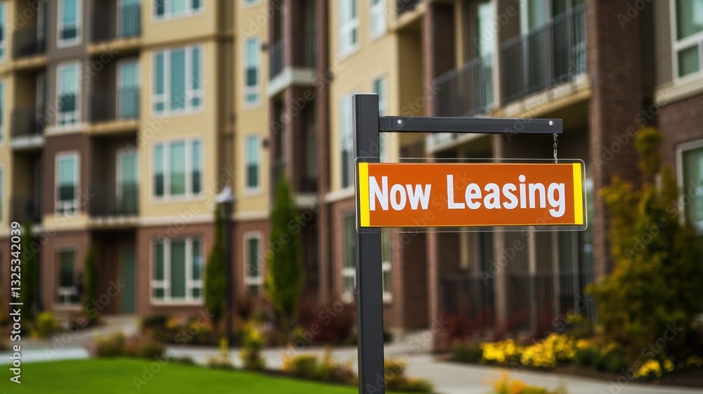 Obraz premium Modern Apartment Complex with Now Leasing Sign Promoting Residential Opportunities