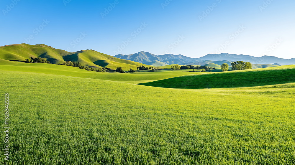 Serene Green Fields and Rolling Hills Under a Clear Blue Sky Serene Green Fields and Rolling Hills Under a Clear Blue Sky