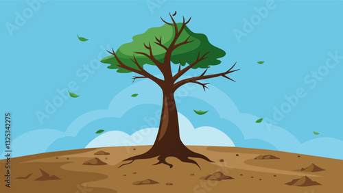 The solitary tree with only dirt and debris for company embodies the steadfast endurance of nature.. Vector illustration