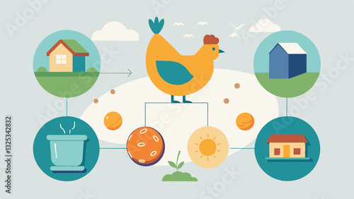 Through the combined use of smart egg collection and feeding systems farmers can optimize hen nutrition and feeding schedules leading to healthier and more productive hens.. Vector illustration