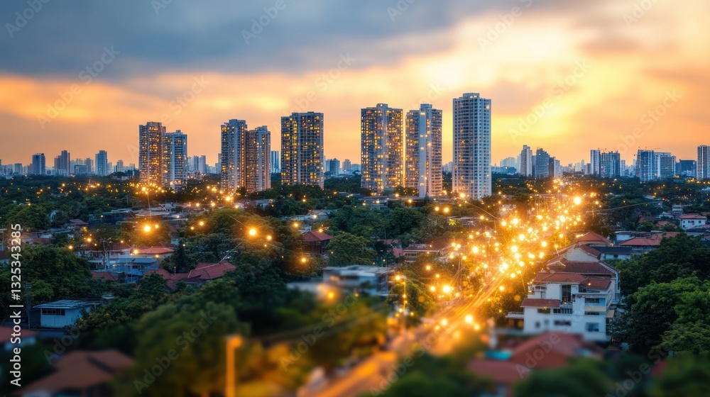 Obraz premium Cityscape at dusk, tall buildings above trees and road lights glowing