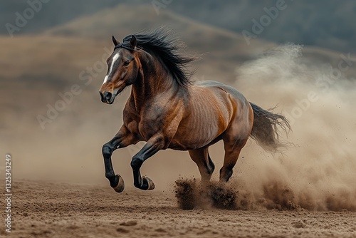 A magnificent brown horse running with power and grace in a field
