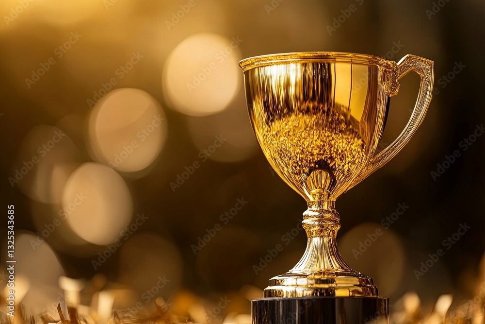 A shiny golden trophy stands displayed with blurred bokeh lights A shiny golden trophy stands displayed with blurred bokeh lights