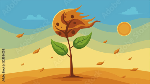 The wilted plant ly able to stand exposed to the scorching sun and relentless winds reminding us of the harsh reality of the current climate crisis.. Vector illustration