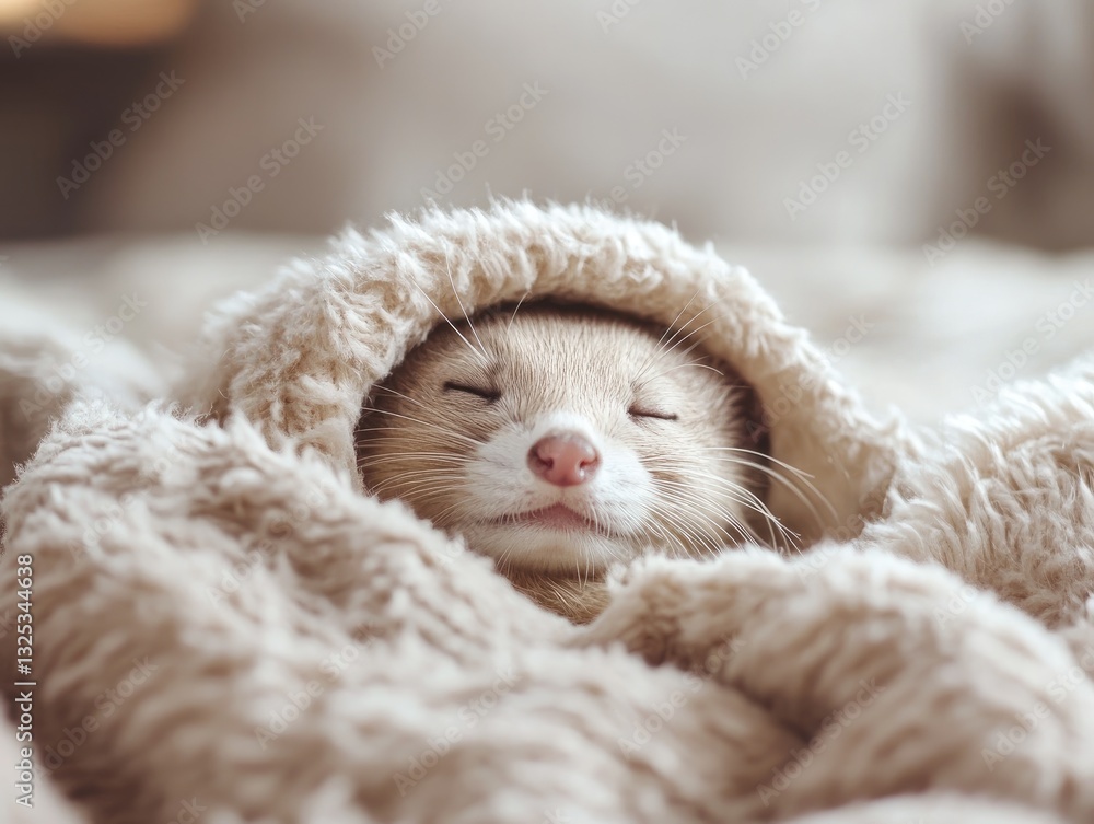 Cozy ferret, A peaceful slumber beneath a soft, inviting blanket Cozy ferret, A peaceful slumber beneath a soft, inviting blanket