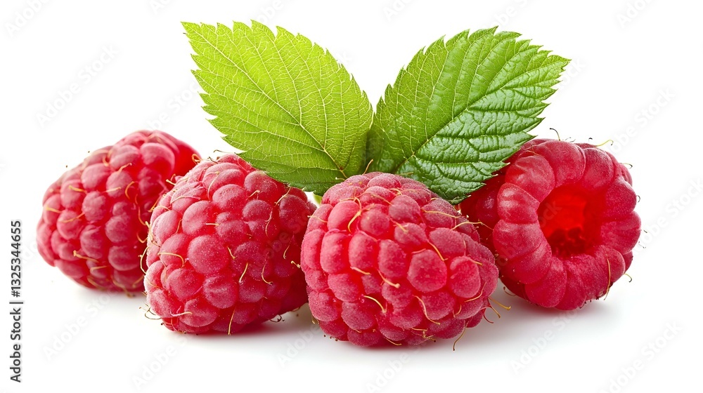 Three juicy raspberries and green leaf isolated Three juicy raspberries and green leaf isolated