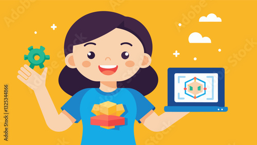 An enthusiastic young girl showing off her 3D printed creation designed and modeled by herself using special software for kids.. Vector illustration
