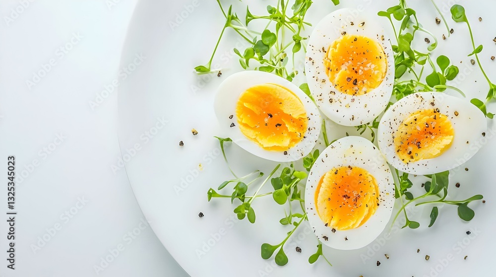 Sliced soft boiled egg shell and micro green Sliced soft boiled egg shell and micro green