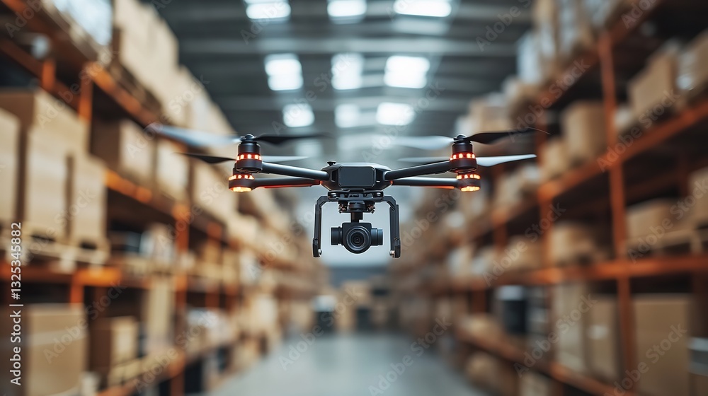 A drone with a camera flying in a modern warehouse, blurred background showcasing a global online shopping concept A drone with a camera flying in a modern warehouse, blurred background showcasing a global online shopping concept