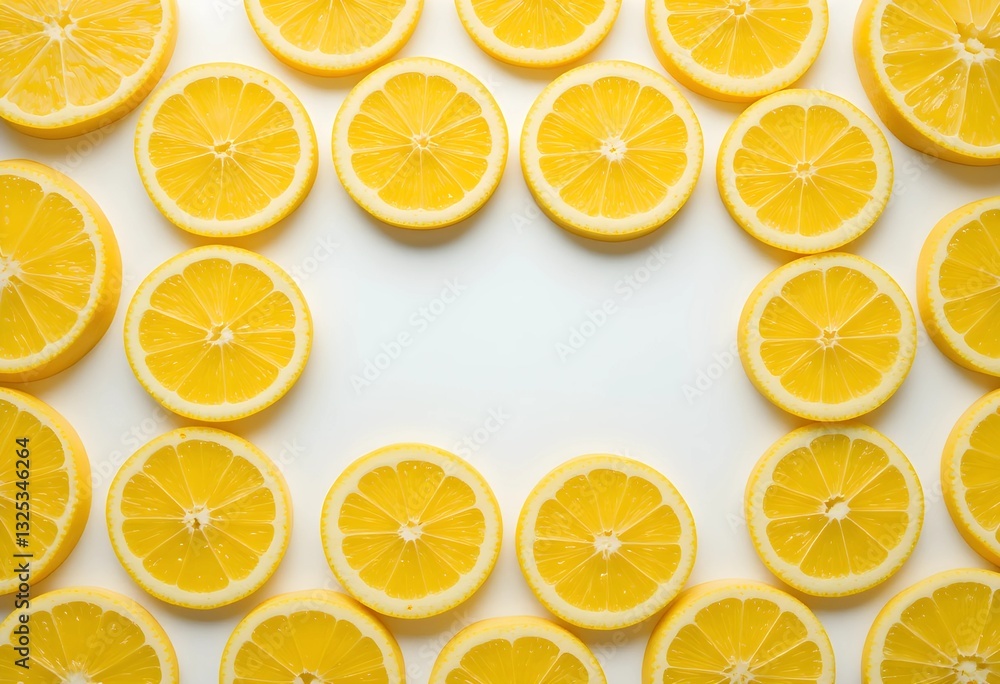 Perfectly cut lemon slices arranged on a clean surface. The bright yellow color and fresh, juicy texture create a crisp and refreshing visual, ideal for food and wellness Perfectly cut lemon slices arranged on a clean surface. The bright yellow color and fresh, juicy texture create a crisp and refreshing visual, ideal for food and wellness