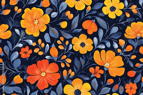 Wallpaper Mural Beautiful floral pattern in vintage folk style. Hand-drawn flowers and leaves. Creative botanical backdrop for prints, wallpapers, fabrics, covers...Vector illustration. Torontodigital.ca
