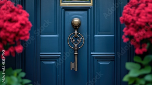 Antique key doorbell on navy blue front door with red flowers