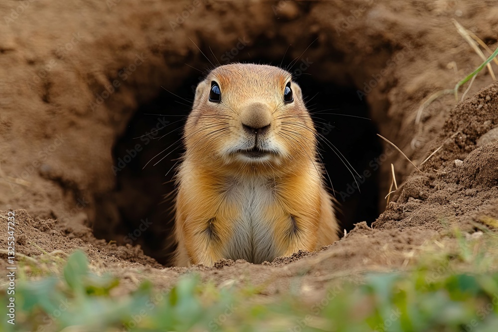 Fototapeta premium A small animal peeking from its earthen burrow entrance