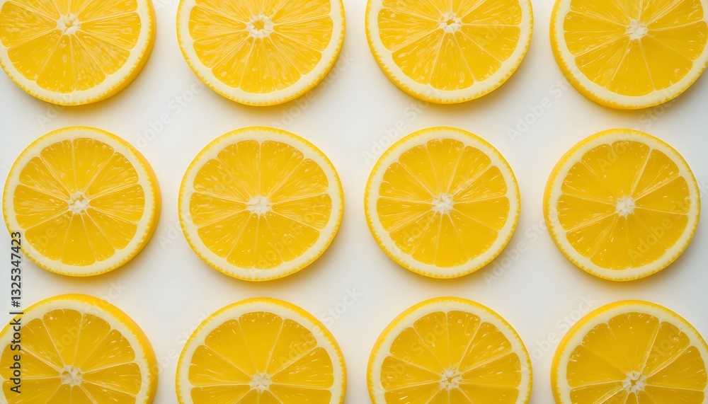 Perfectly cut lemon slices arranged on a clean surface. The bright yellow color and fresh, juicy texture create a crisp and refreshing visual, ideal for food and wellness Perfectly cut lemon slices arranged on a clean surface. The bright yellow color and fresh, juicy texture create a crisp and refreshing visual, ideal for food and wellness