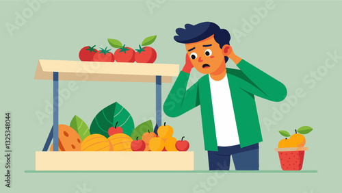 The vendor desperately tries to arrange the remaining fruits and vegetables in a way that hides their spness but their efforts are in vain.. Vector illustration