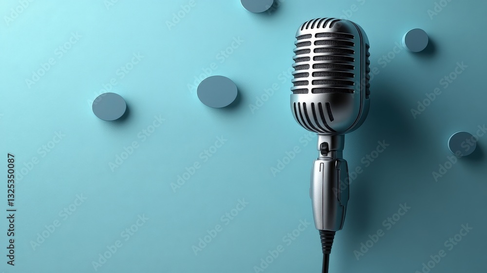 Fototapeta premium Vintage Silver Microphone on Light Blue Background