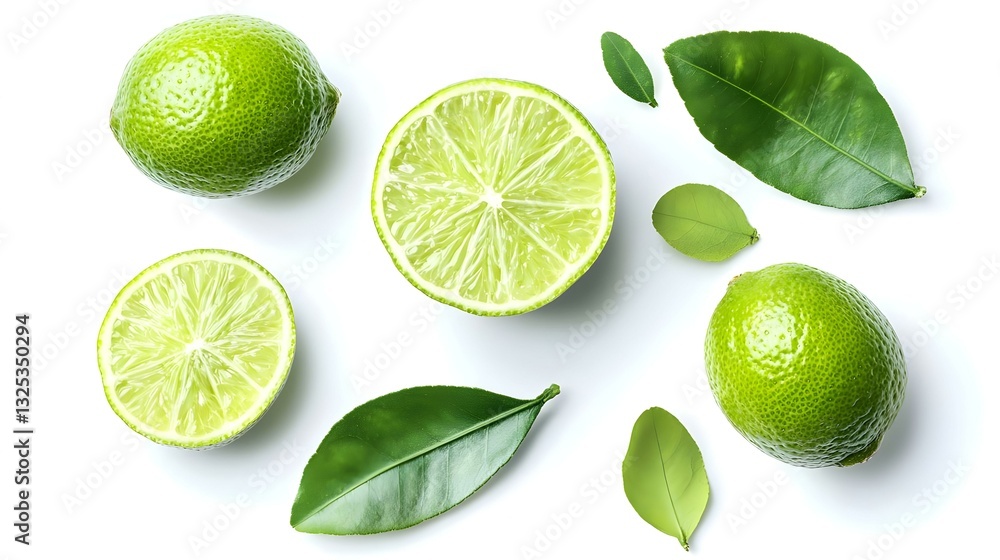 Whole and half sliced green lime with leaves Whole and half sliced green lime with leaves