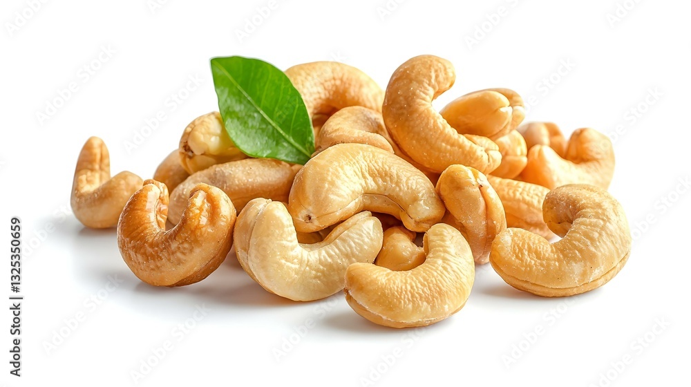 Roasted Cashew nuts with leaf isolated on white Roasted Cashew nuts with leaf isolated on white