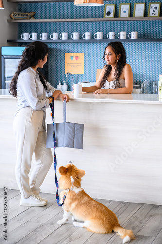 Corgi dog waiting patiently while its owner chats with the barista in a pet friendly coffee shop