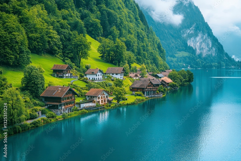 Fototapeta premium Picturesque Lakeside Village in Lush Green Mountains