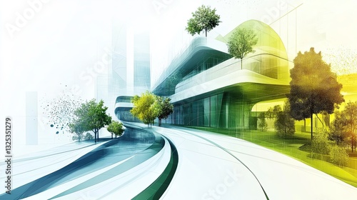 Modern Urban Landscape with Greenery and Abstract Architecture
