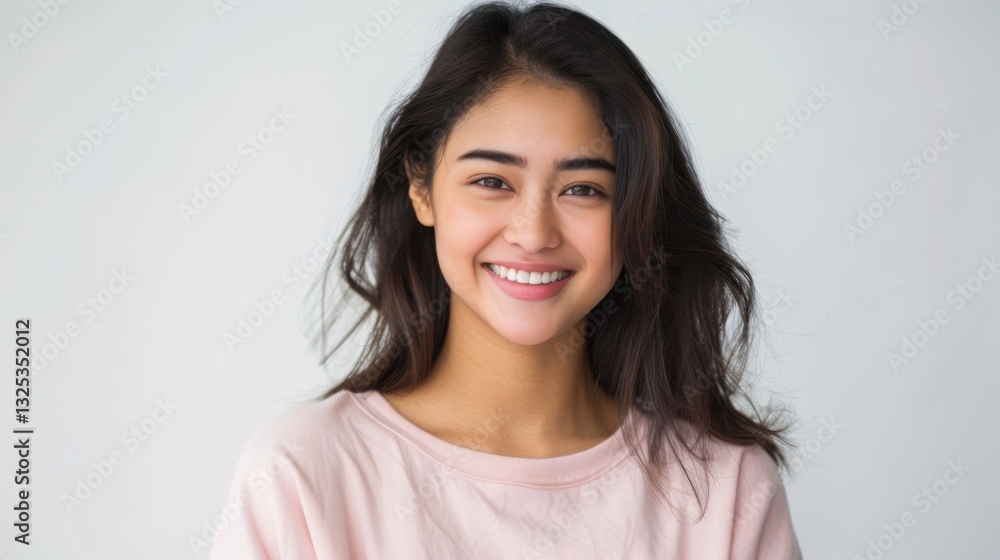 Beautiful Malay model exudes confidence and joy in a light pink sweatshirt against a clean backdrop Beautiful Malay model exudes confidence and joy in a light pink sweatshirt against a clean backdrop