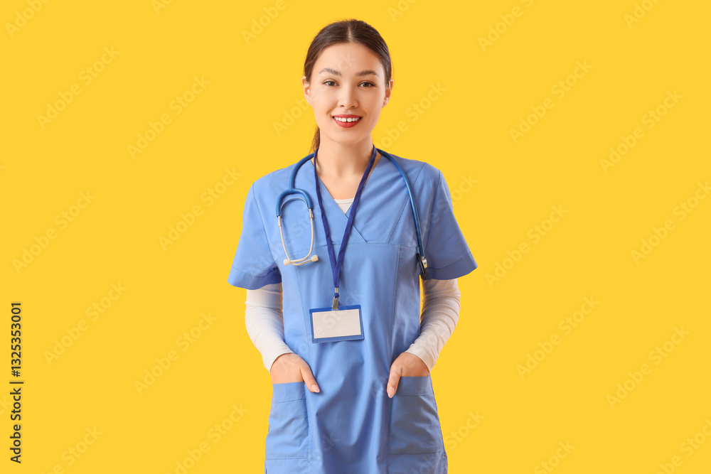 Female Asian doctor smiling on yellow background. International Nurses Day Female Asian doctor smiling on yellow background. International Nurses Day