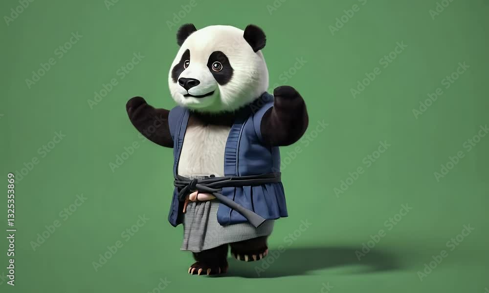a cute panda in a samurai uniform performing an energetic charleston swing dance with vintage and lively moves on a green screen background a cute panda in a samurai uniform performing an energetic charleston swing dance with vintage and lively moves on a green screen background