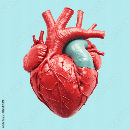 3D Anatomical Human Heart Model with Red and Teal Sections on Light Blue Background