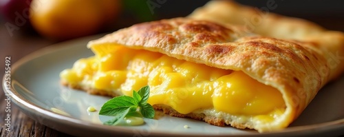 Flaky pastry filled with creamy egg mixture, golden brown crunchy crepe, savory, stuffed