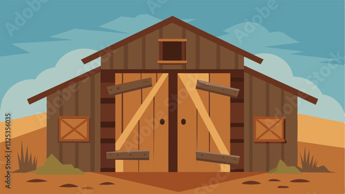 With its doors hanging crookedly on rusted hinges the rundown granary silently declared the scarcity of food in the region.. Vector illustration