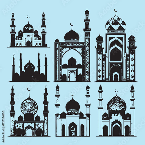 set of black various mosque vector silhouettes collection