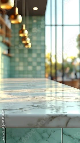 A detailed close up view of marble countertop and lights