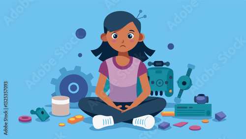 A young girl sits crosslegged on the floor surrounded by a pile of discarded spare parts as she tinkers with her own unique robot creation.. Vector illustration