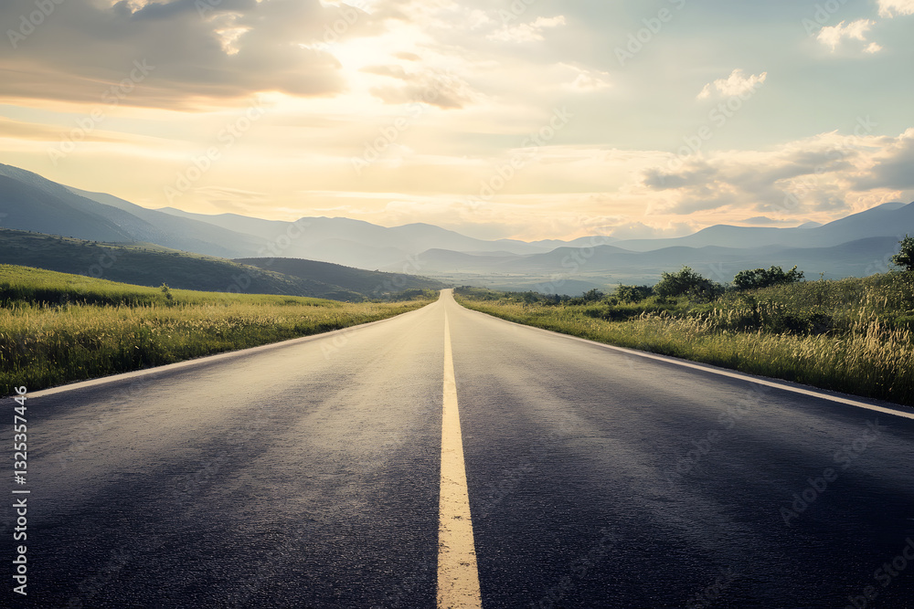 Fototapeta premium asphalt road stretching into the distance. perspective, a long deserted road, autobahn highway