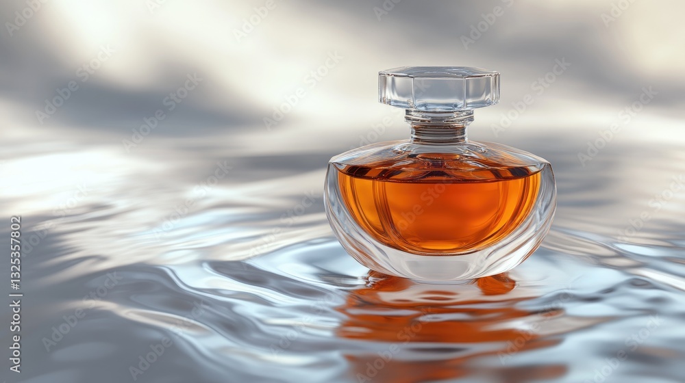 Elegant perfume bottle with amber liquid on a shimmering silver surface Elegant perfume bottle with amber liquid on a shimmering silver surface