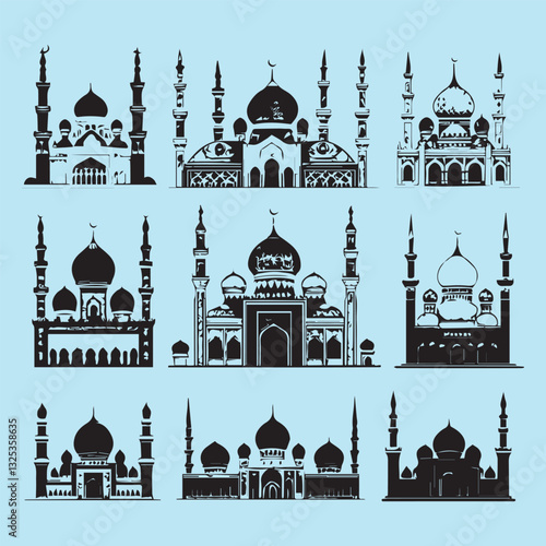 set of black various mosque vector silhouettes collection