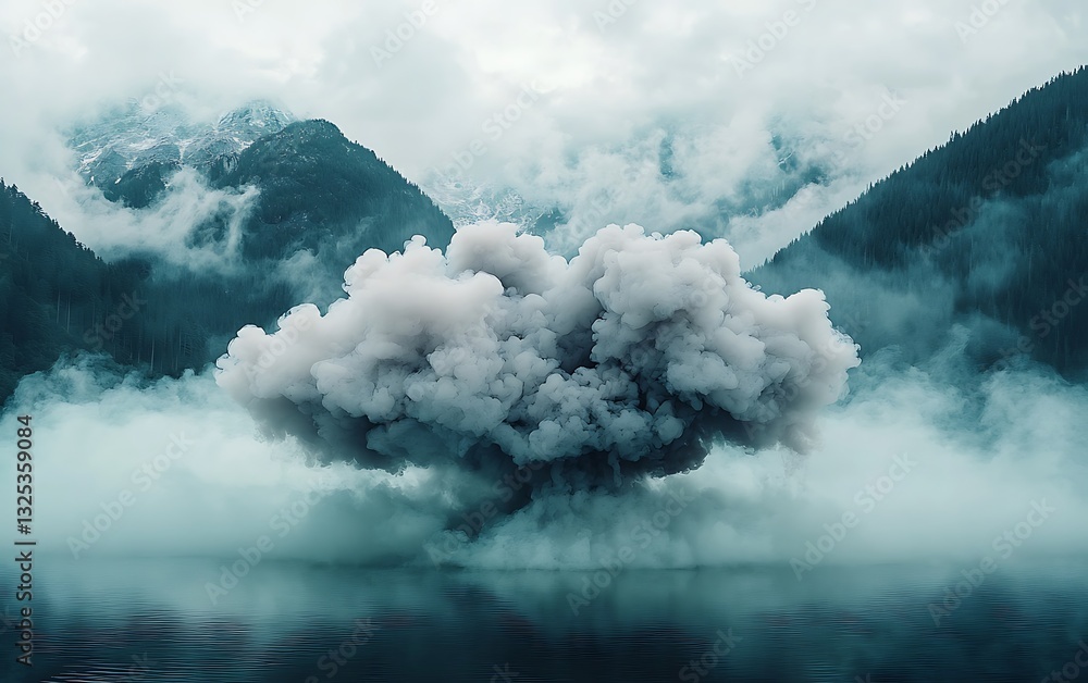 Fototapeta premium Moody Mountain Landscape with Smoke Cloud