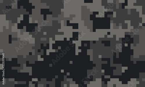 Abstract grayscale digital camouflage pattern.  Perfect for backgrounds, textiles, or militarythemed designs.  Modern, pixelated style evokes stealth and concealment.