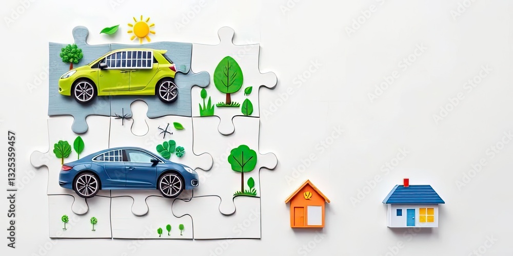 Naklejka premium Eco Friendly Cars Homes and Nature Puzzle Concept